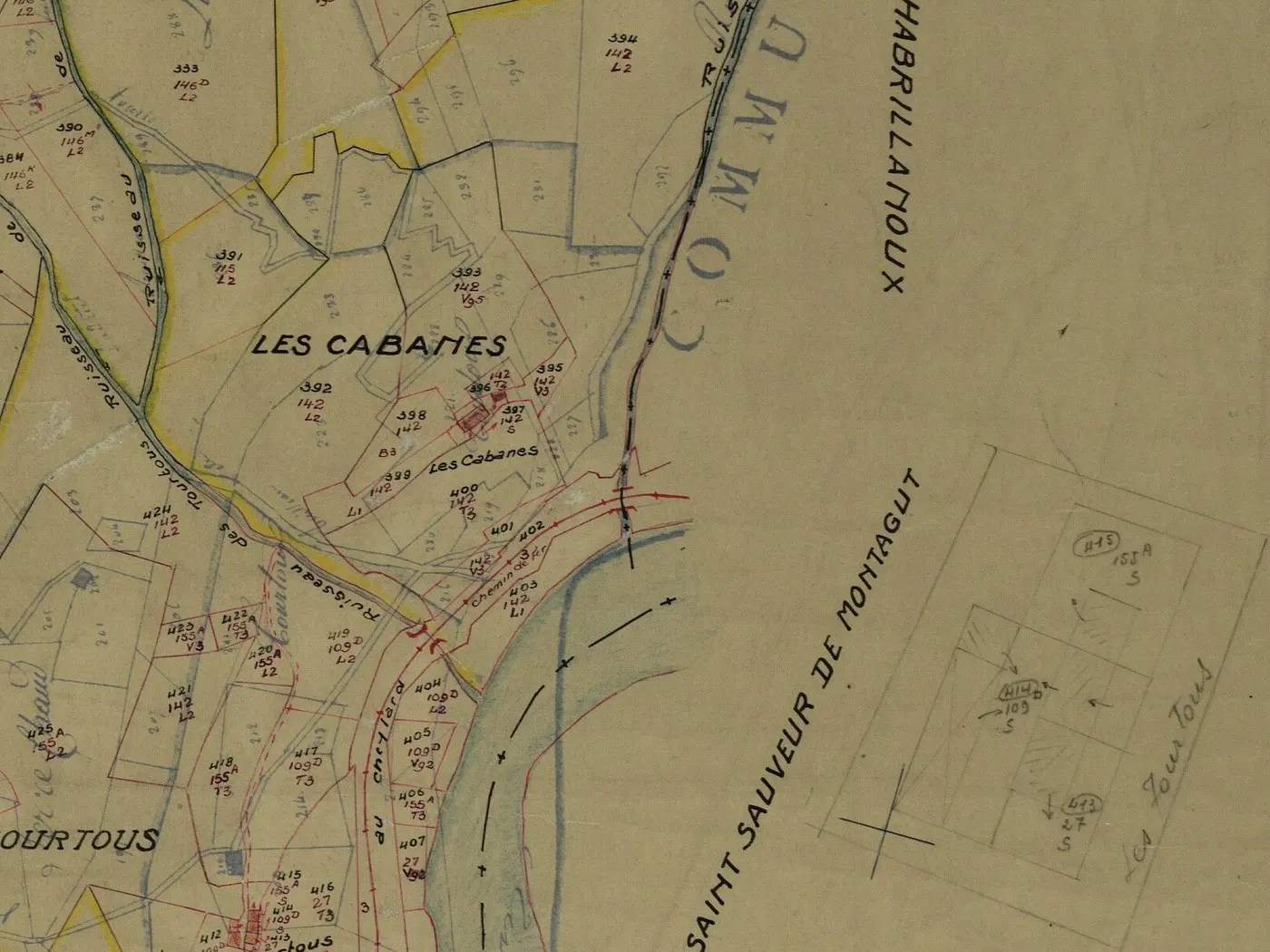 Détail cadastral du secteur Les Cabanes et des anciens chemins du domaine