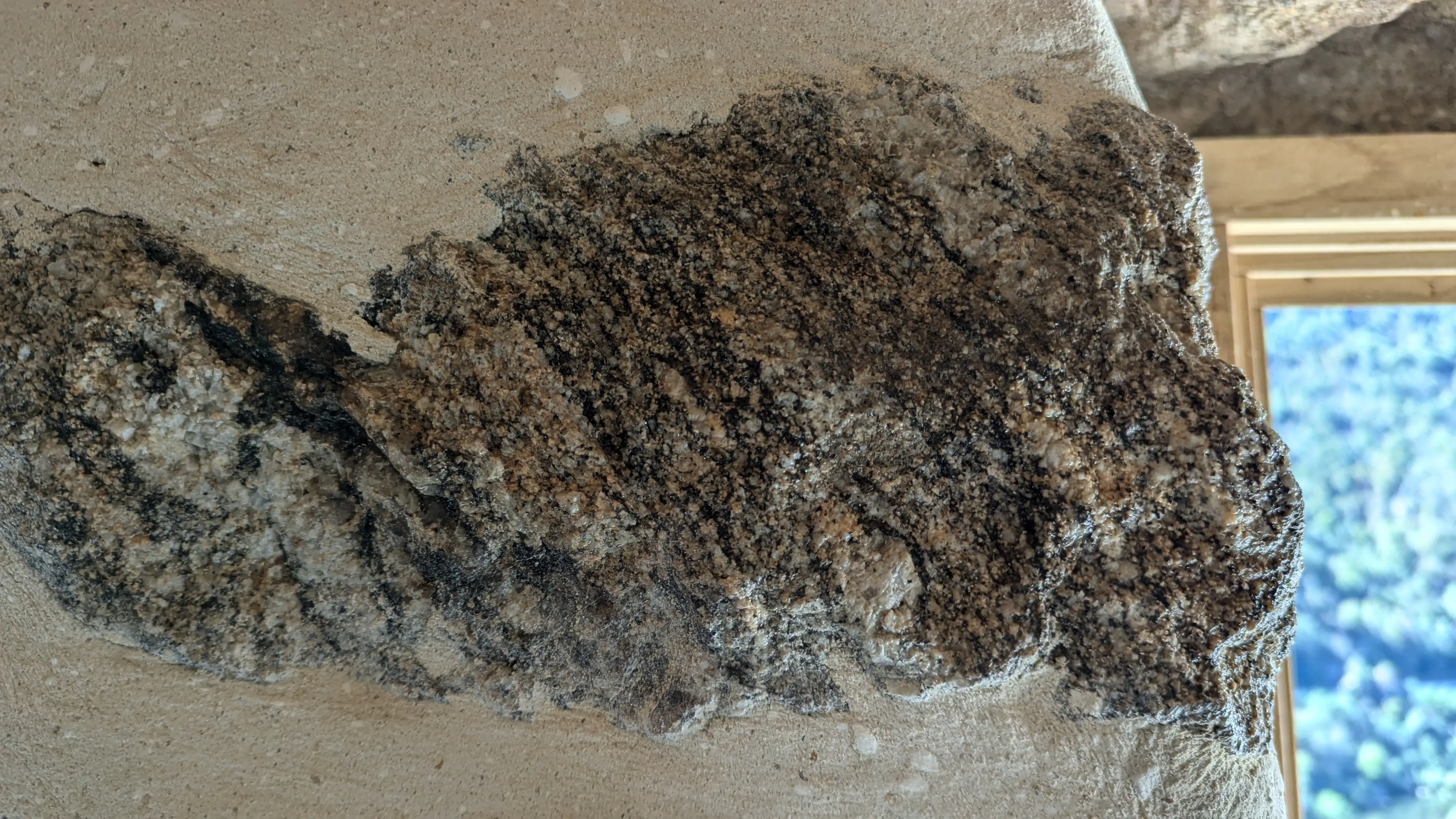 Détail de leptynite rubanée dans un mur ancien de la maison