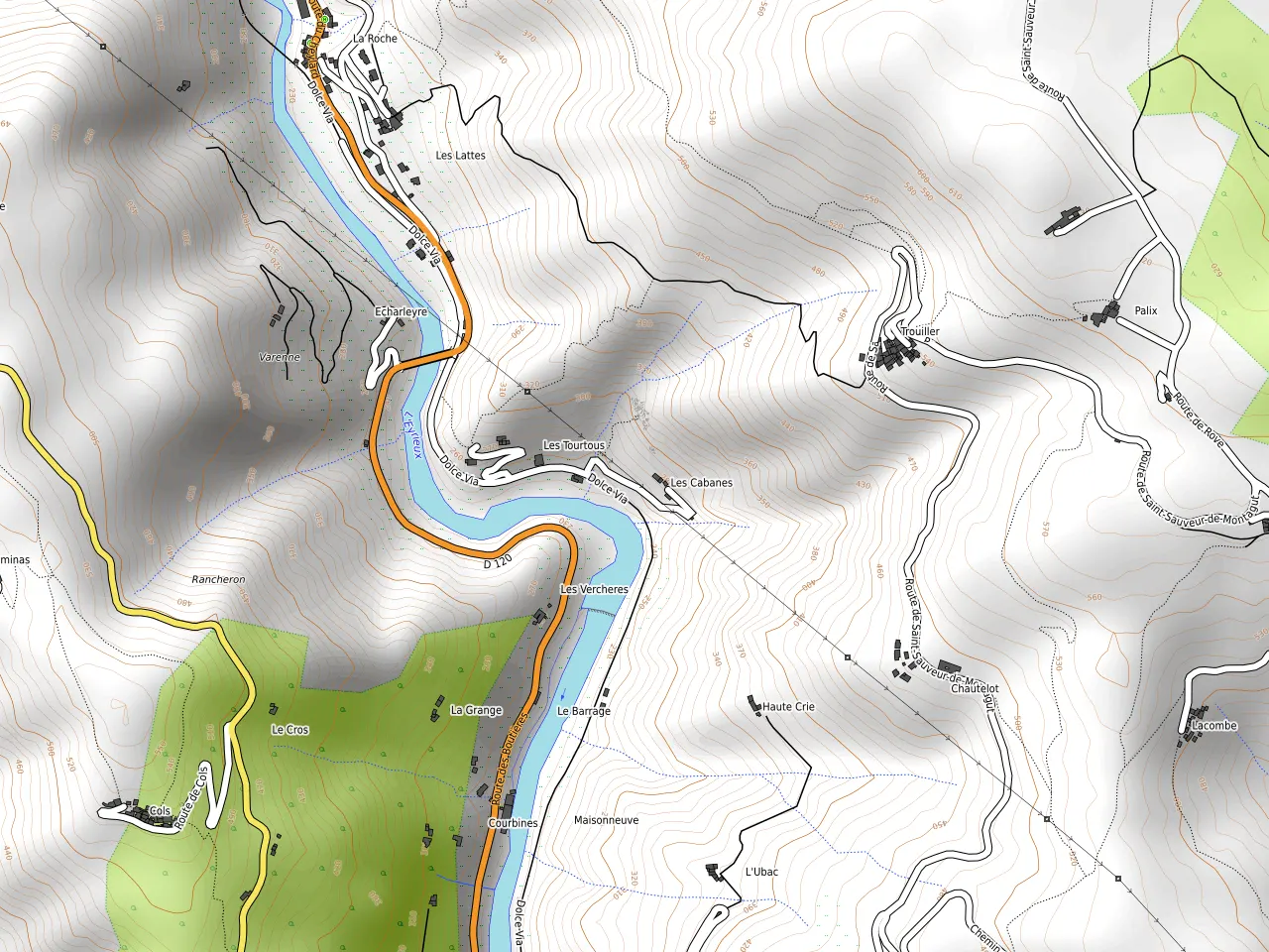 Carte topographique du Domaine Les Cabanes, au lieu-dit Les Cabanes, au-dessus de l'Eyrieux, avec les sentiers et la Dolce Via de la vallée